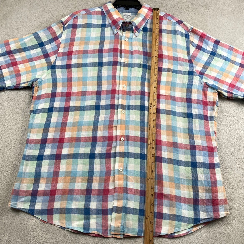 Brooks Brothers Shirt Men 2XL Multicolor Plaid 100% Linen Short Sleeve Button Up - Picture 5 of 6